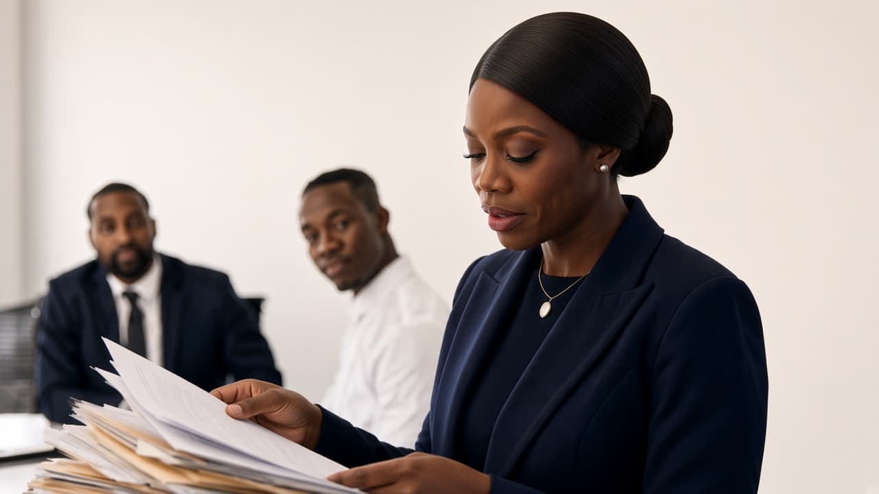 An advisor reviewing files with colleagues in a modern office.