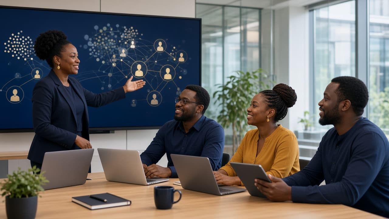 Leaders collaborating around a digital culture dashboard in a modern workplace.